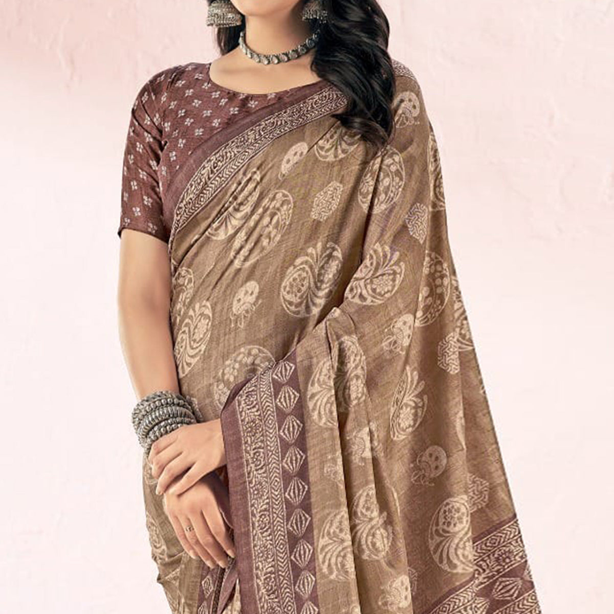 Brown Printed Tussar Silk Saree