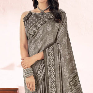 Dark Grey Printed Tussar Silk Saree