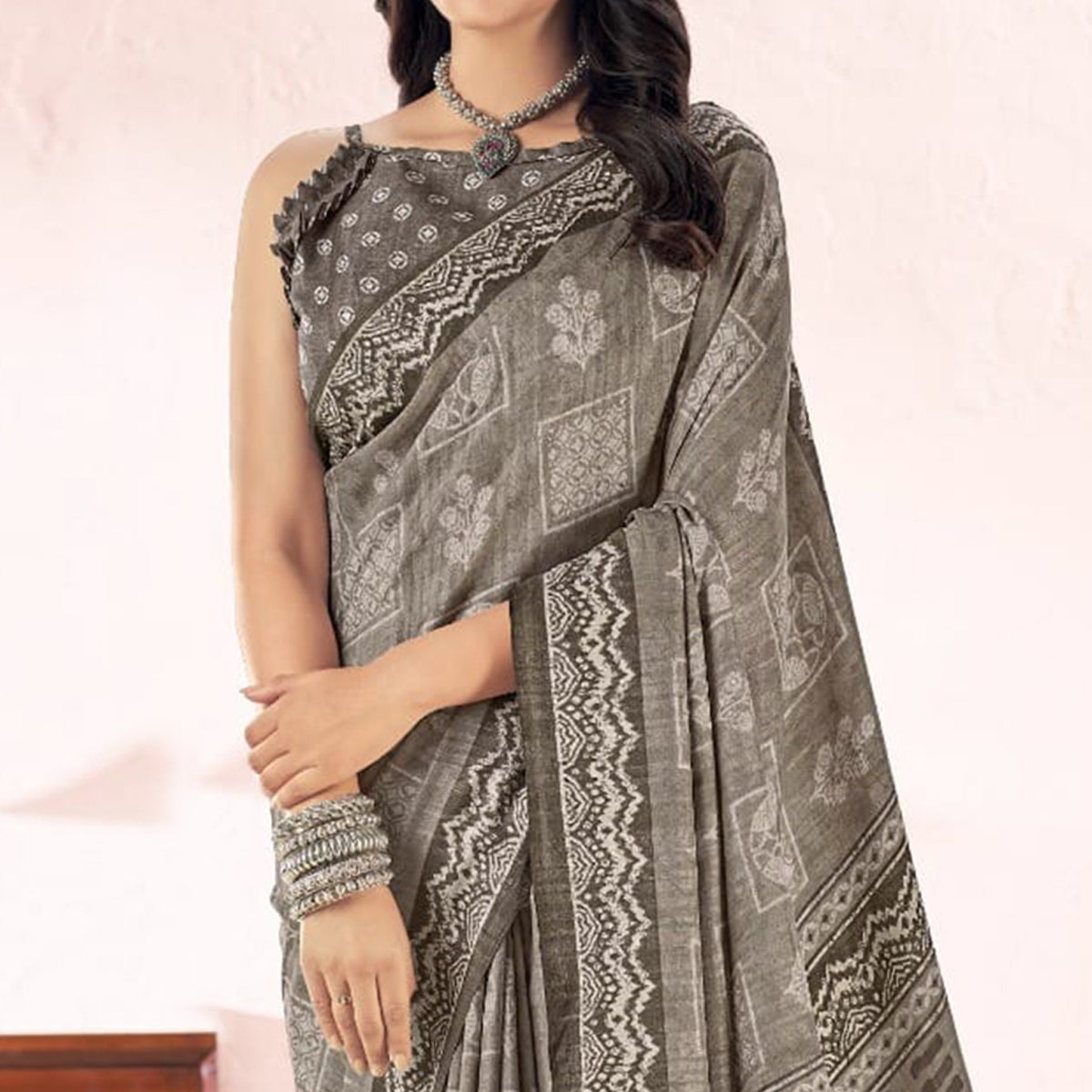 Dark Grey Printed Tussar Silk Saree