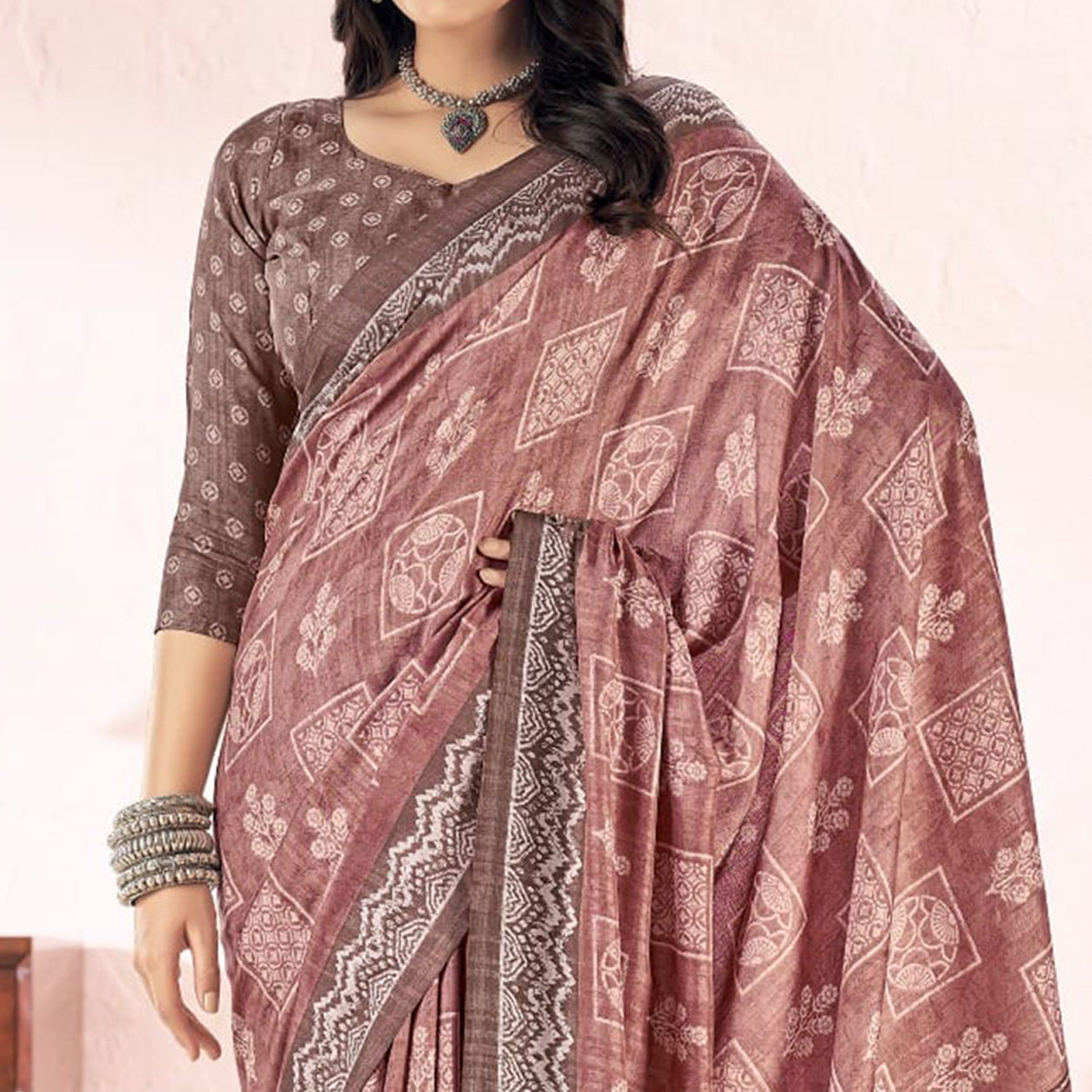 Copper Rust Printed Tussar Silk Saree