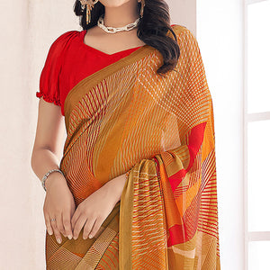 Brown Printed Chiffon Saree
