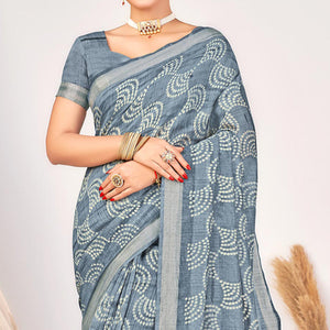 Grey Printed Cotton Silk Saree With Woven Border