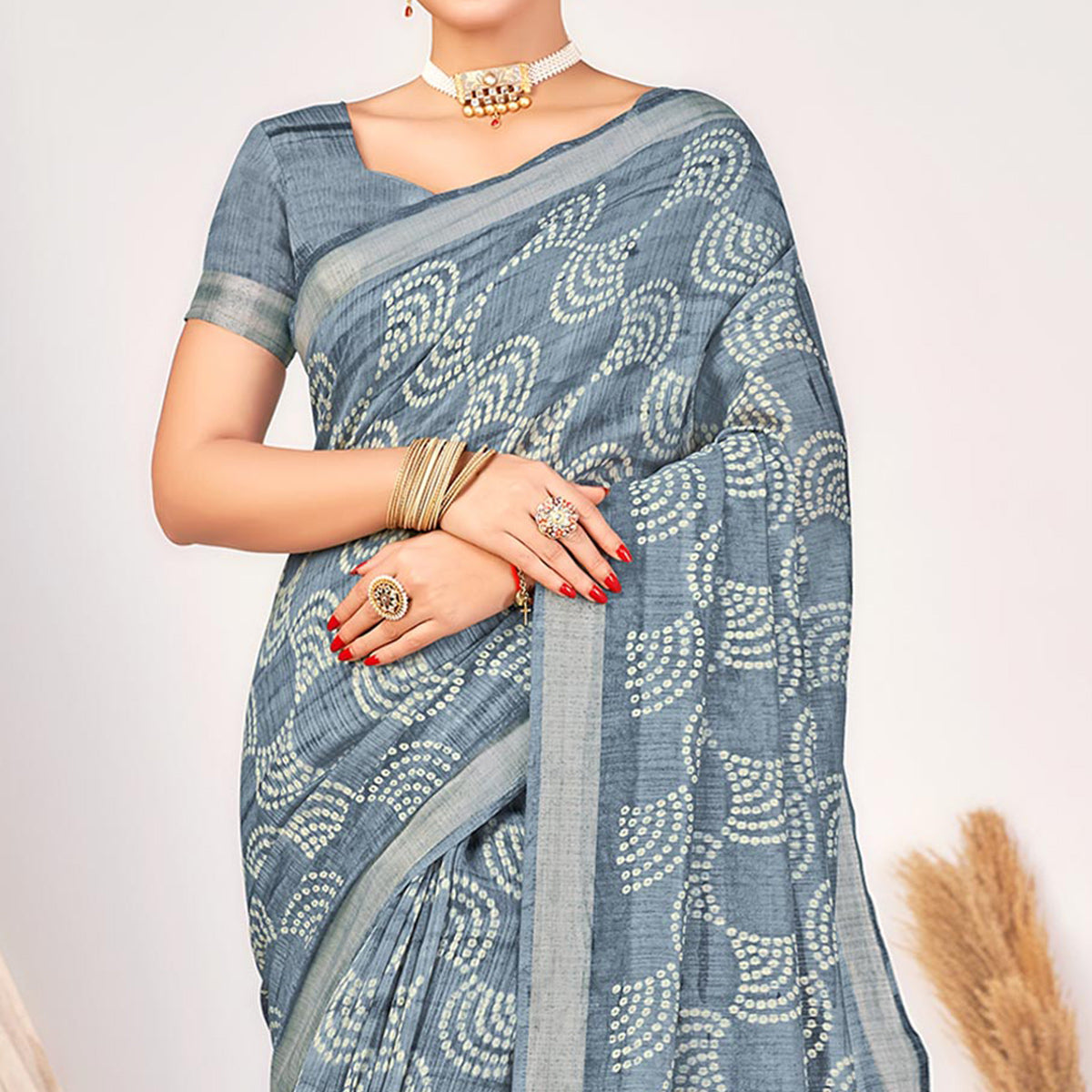 Grey Printed Cotton Silk Saree With Woven Border
