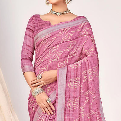 Mauve Printed Cotton Silk Saree With Woven Border