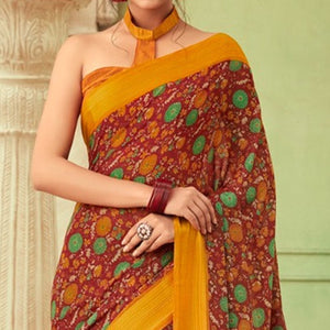 Maroon Floral Printed Chiffon Saree