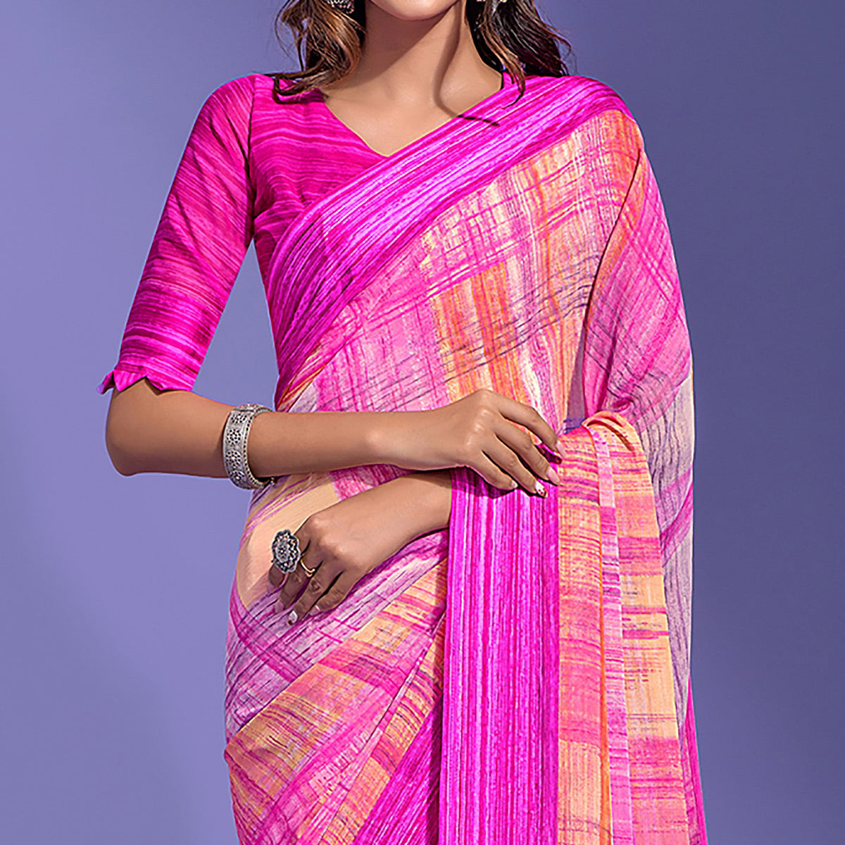 Magenta Printed Chiffon Saree