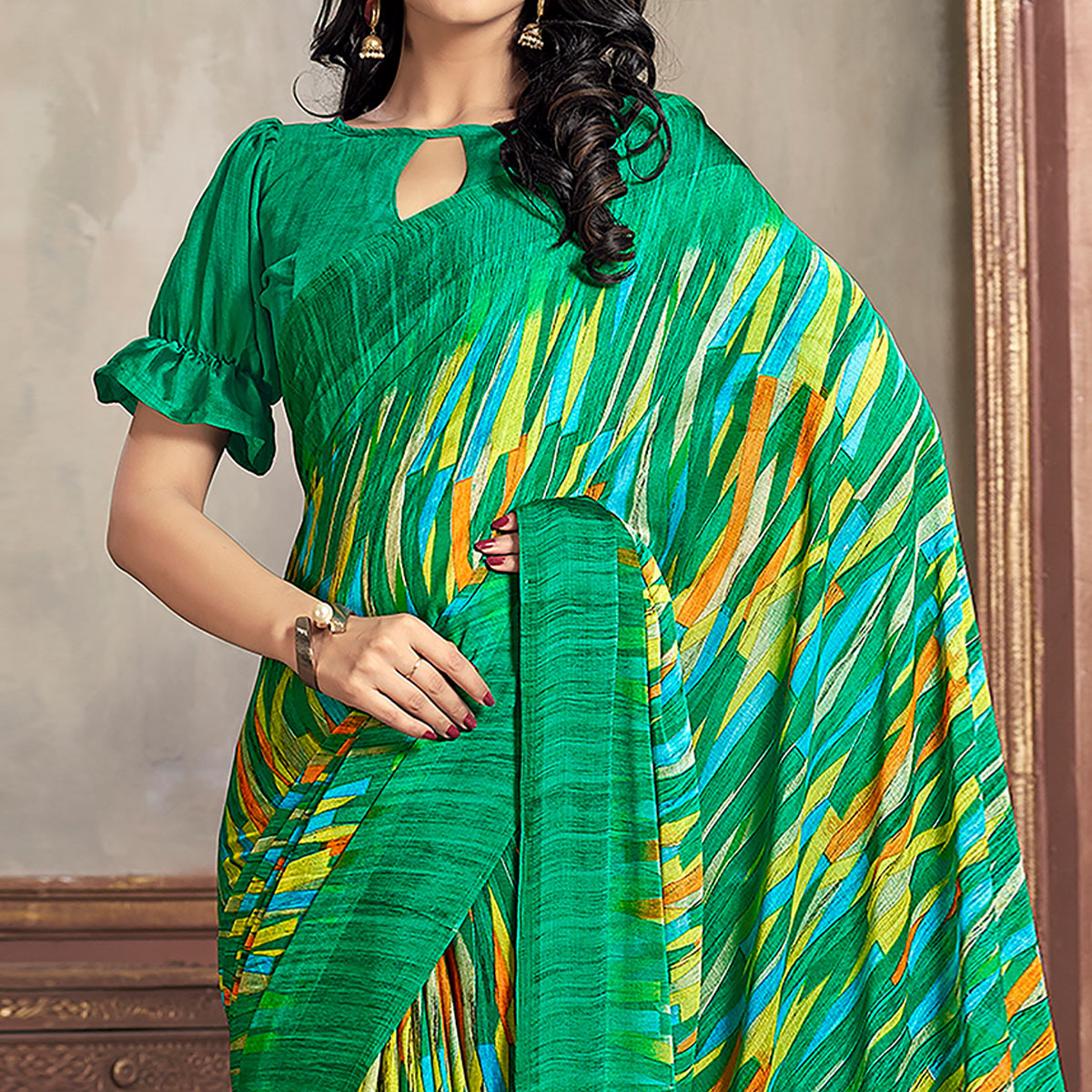 green-printed-chiffon-saree-with-woven-border