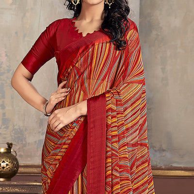 Maroon Printed Chiffon Saree With Woven Border