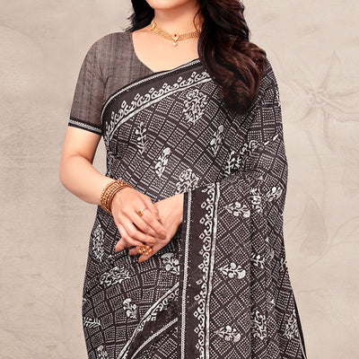 Brown Floral Printed Chiffon Saree