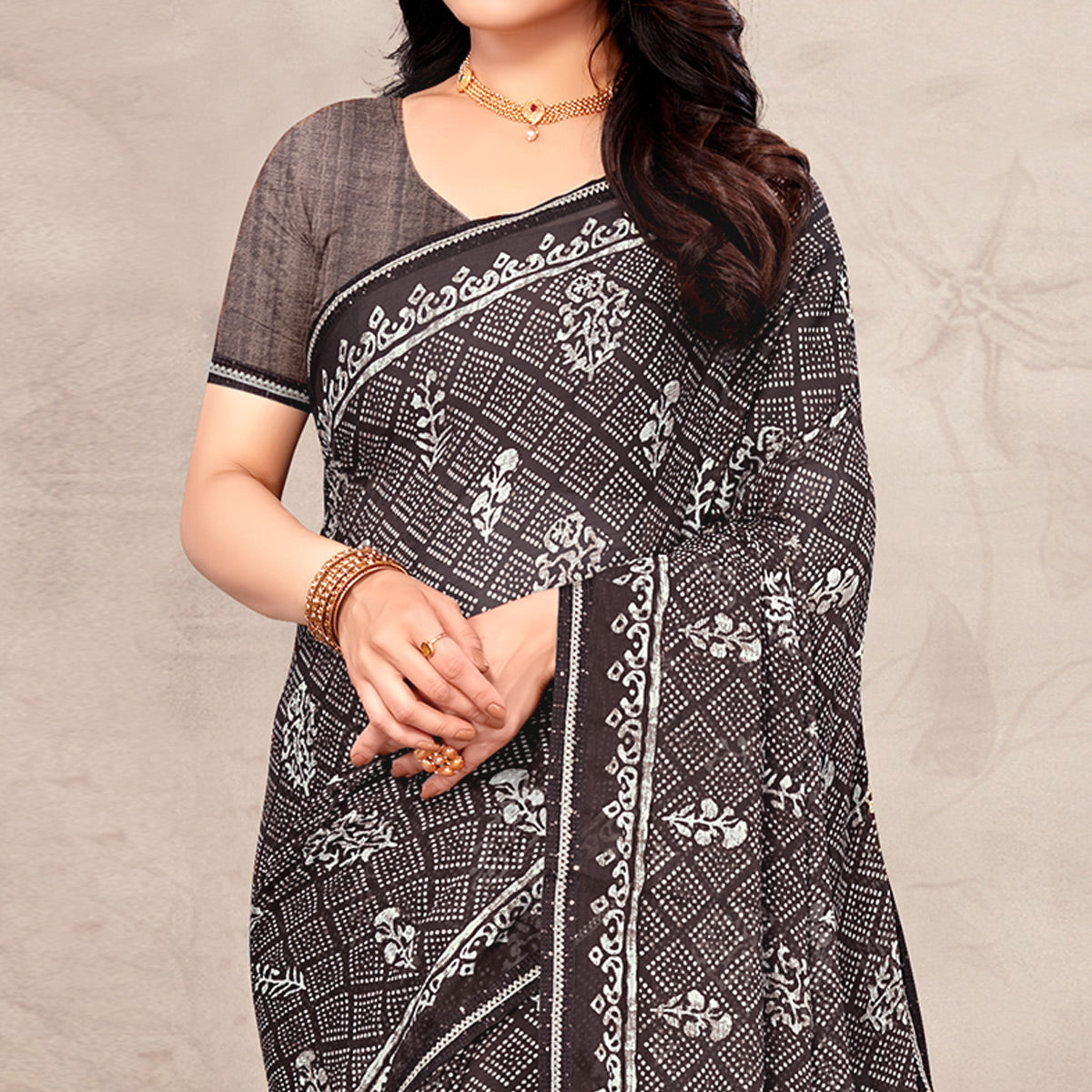 Brown Floral Printed Chiffon Saree