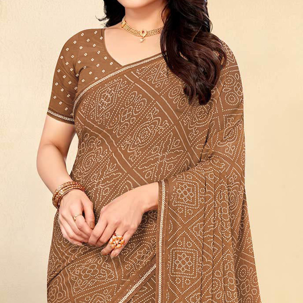 Brown Bandhani Printed Chiffon Saree