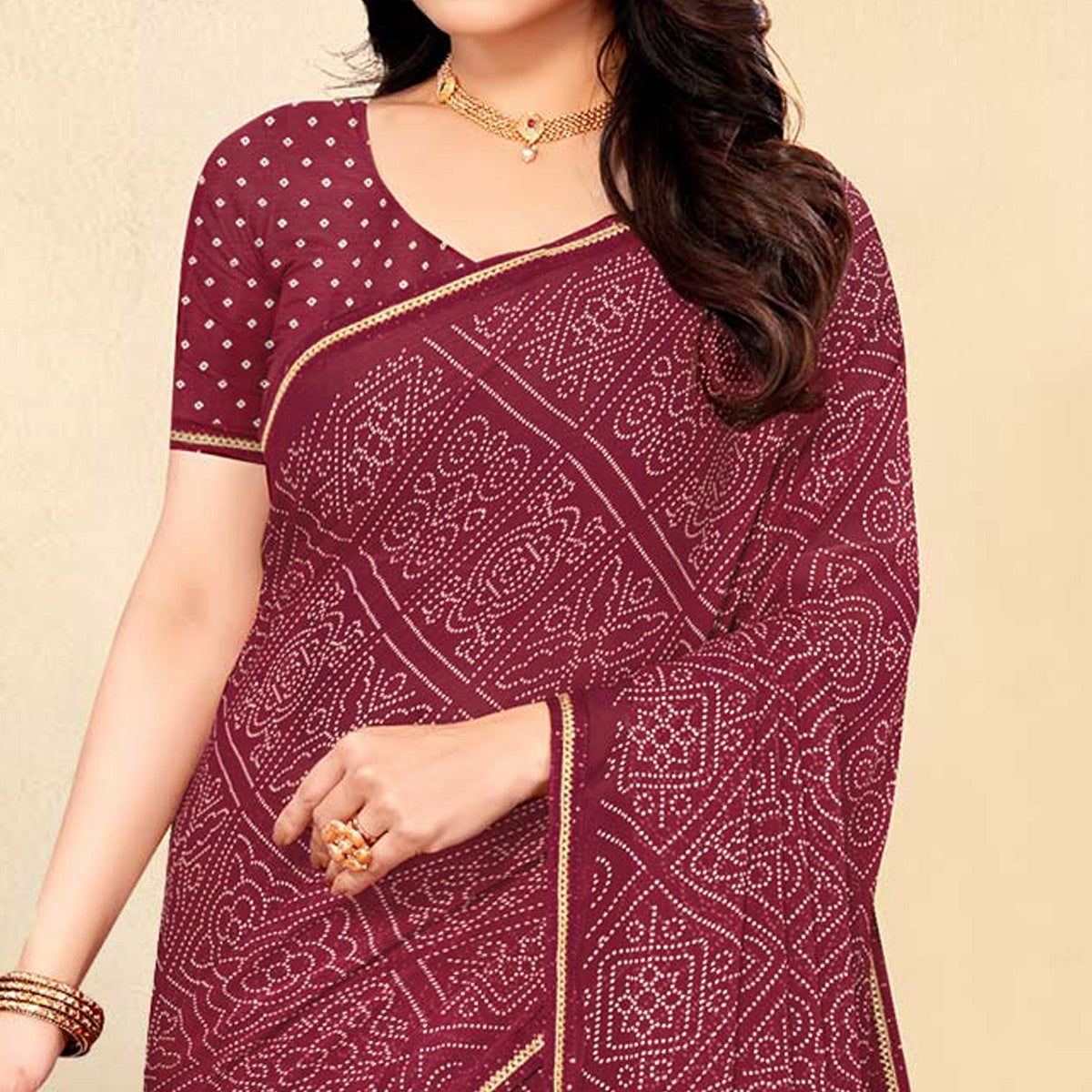 Maroon Bandhani Printed Chiffon Saree