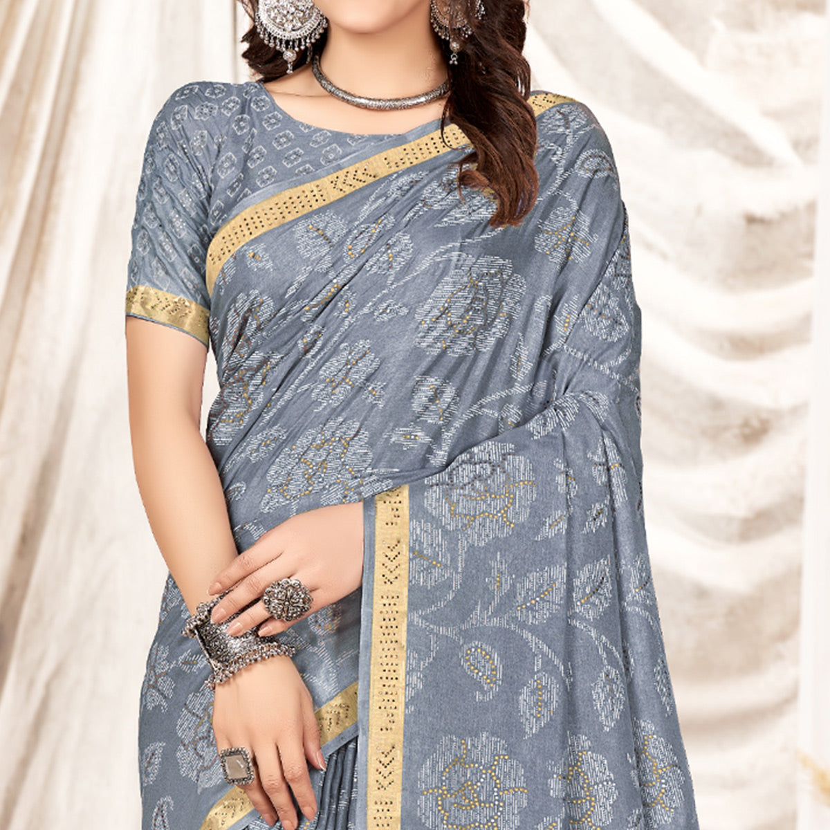 grey-foil-printed-tussar-silk-saree-with-tassels