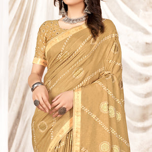 Chikoo Foil Printed Tussar Silk Saree With Tassels