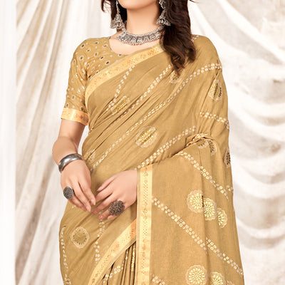 Chikoo Foil Printed Tussar Silk Saree With Tassels