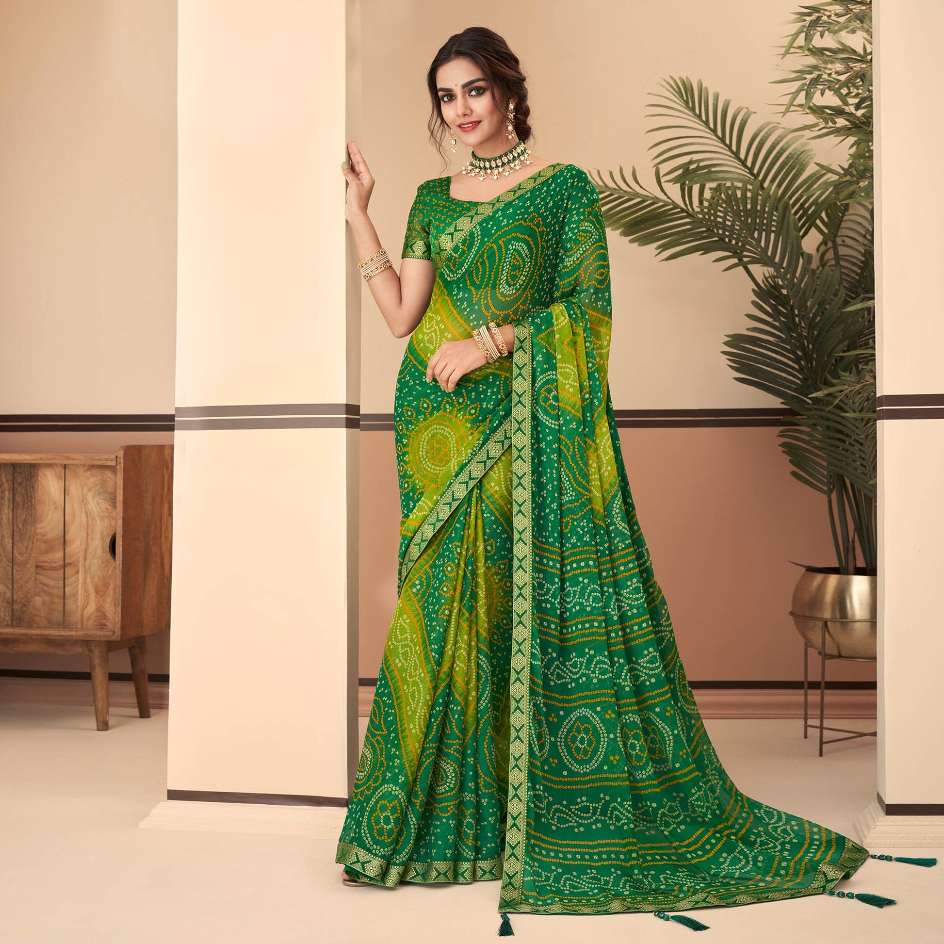 green-bandhani-printed-chiffon-saree-with-lace-border