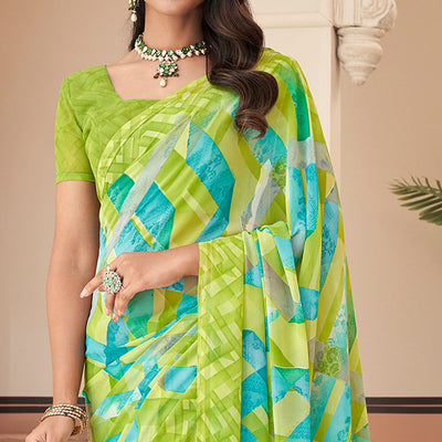 Lemon Green Geometric Printed Georgette Saree