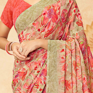Gajri Pink Floral Printed Georgette Saree