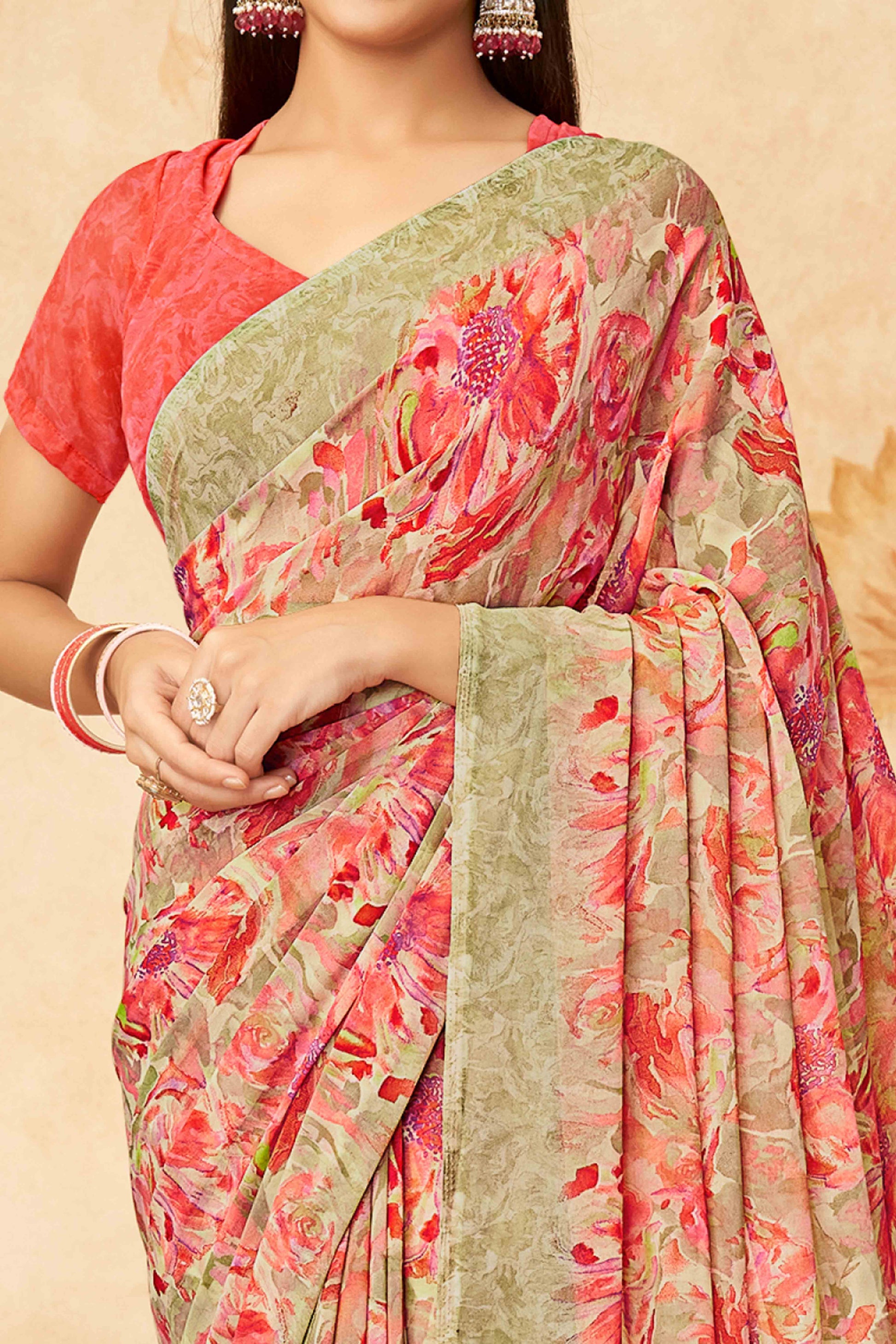 Gajri Pink Floral Printed Georgette Saree
