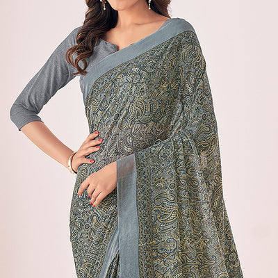 Grey Printed Georgette Saree