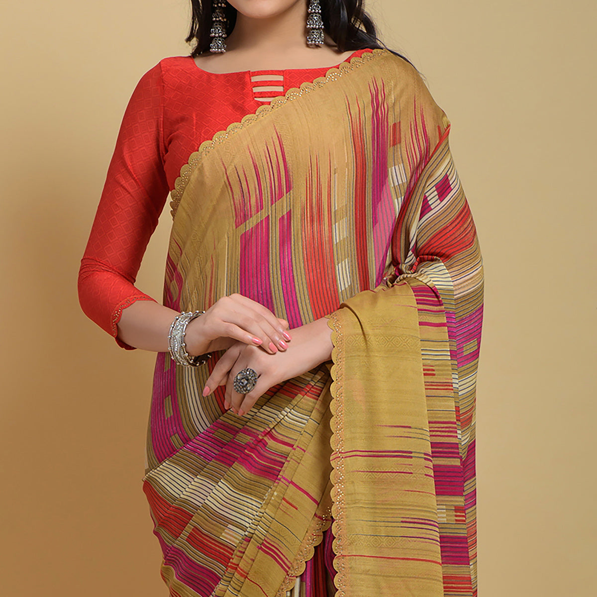 Chikoo Printed Georgette Saree With Swarovski Border