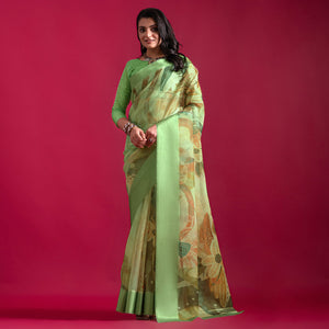 green-floral-digital-printed-linen-saree-with-woven-border