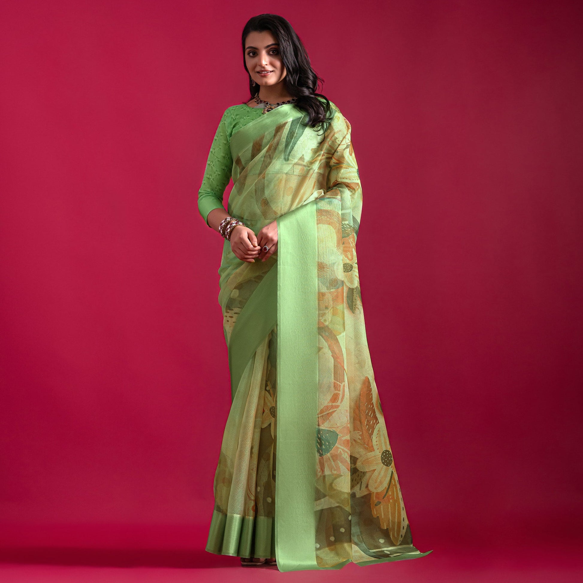green-floral-digital-printed-linen-saree-with-woven-border