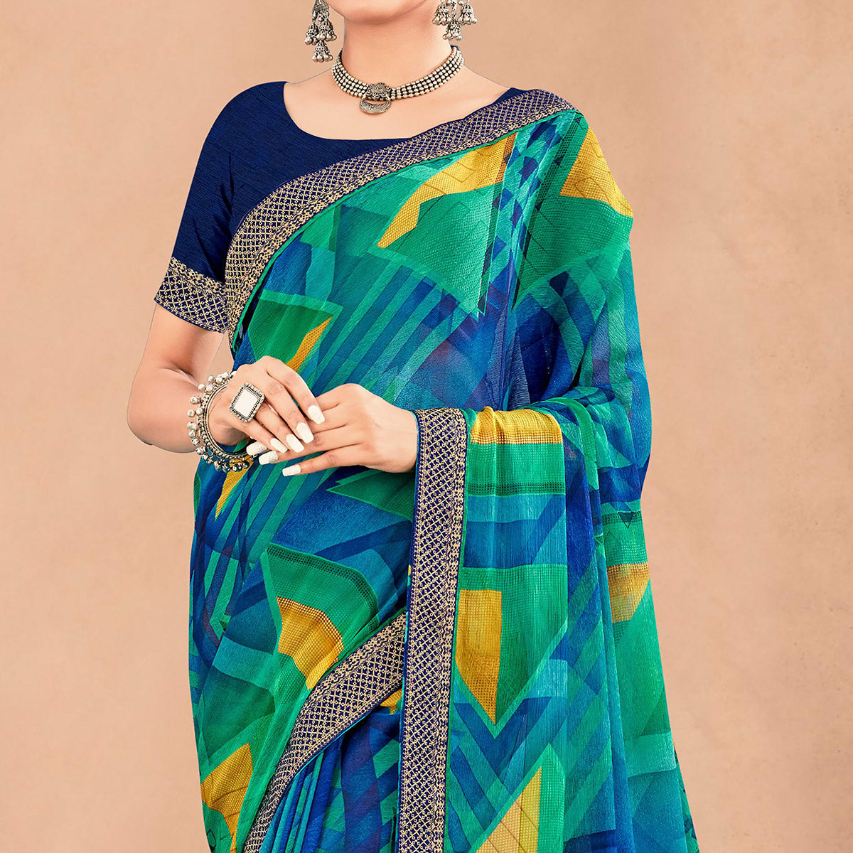 green-blue-geometric-printed-chiffon-saree