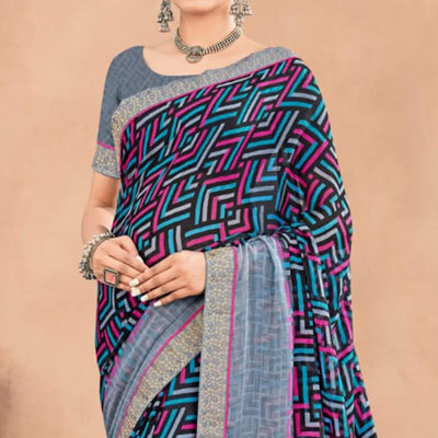 Multicolor Geometric Printed Chiffon Saree