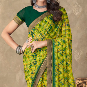 Lemon Green Digital Printed Chiffon Saree With Lace Border