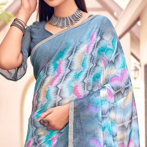 Grey Printed Chiffon Saree With Tassels