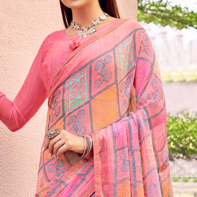 Gajari Pink Printed Chiffon Saree With Tassels