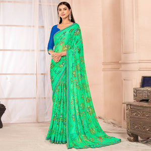 Mint Green Floral Printed Chiffon Saree With Lace Border