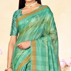 Mint Green Foil Printed Linen Silk Saree With Tassels