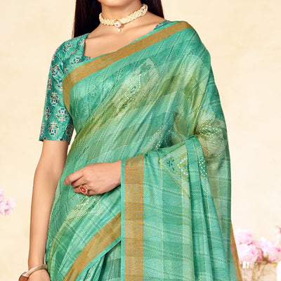 Mint Green Foil Printed Linen Silk Saree With Tassels