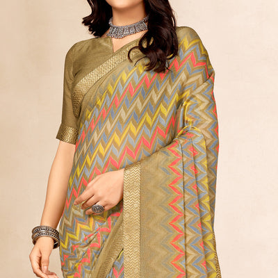Chikoo Printed Chiffon Saree With Lace Border