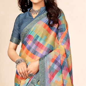 Grey Printed Chiffon Saree With Lace Border
