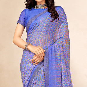 Light Purple Printed Chiffon Saree With Lace Border