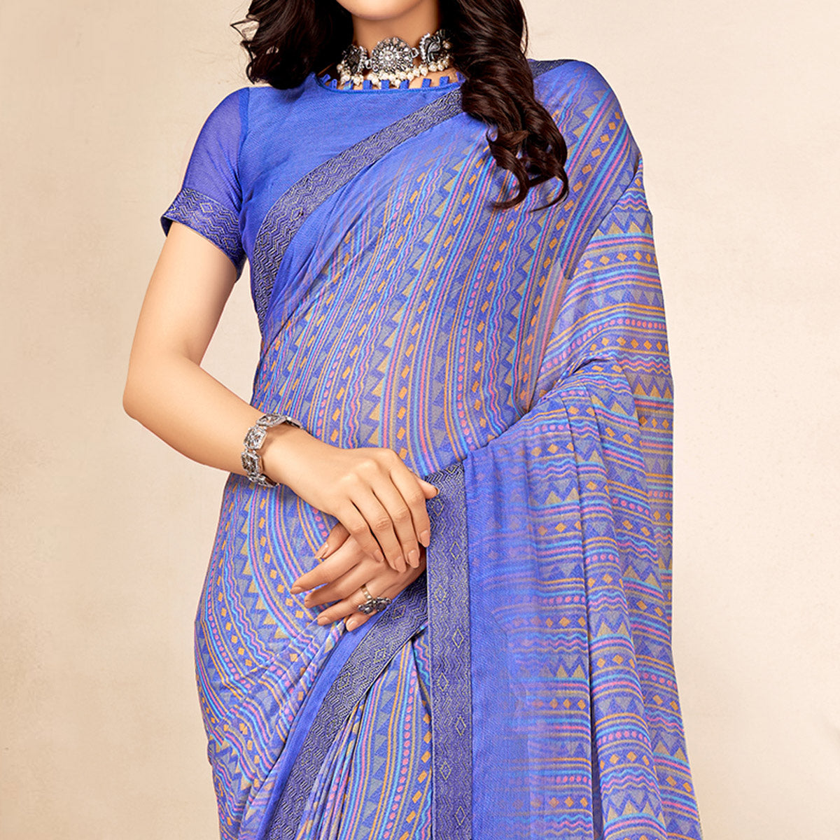 Light Purple Printed Chiffon Saree With Lace Border