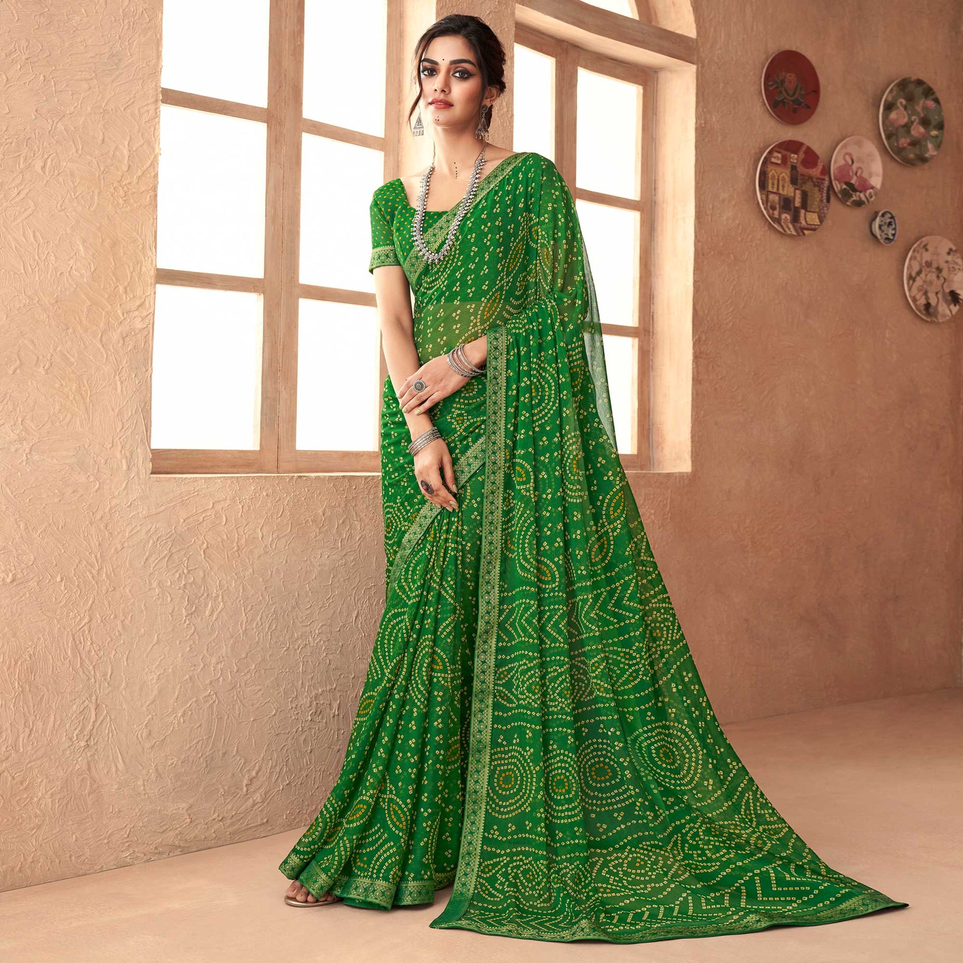 green-bandhani-printed-chiffon-saree-3