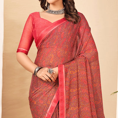 Gajari Pink Floral Printed Chiffon Saree With Lace Border
