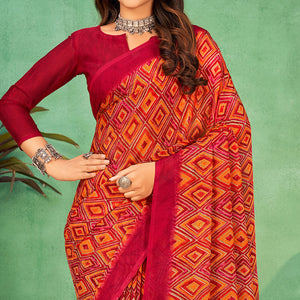 Magenta Geometric Printed Chiffon Saree