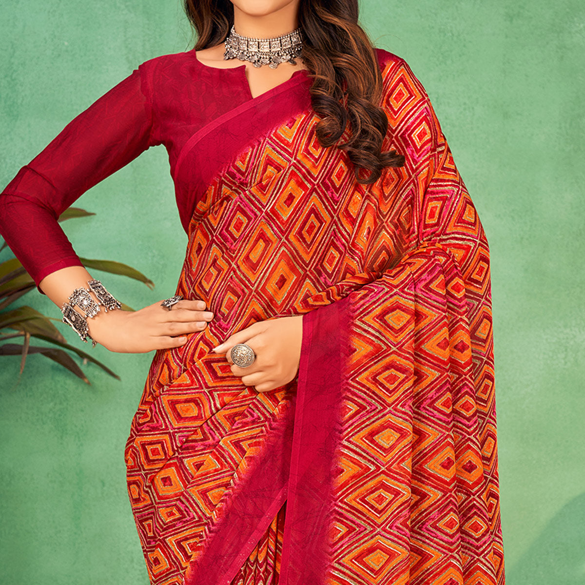 Magenta Geometric Printed Chiffon Saree