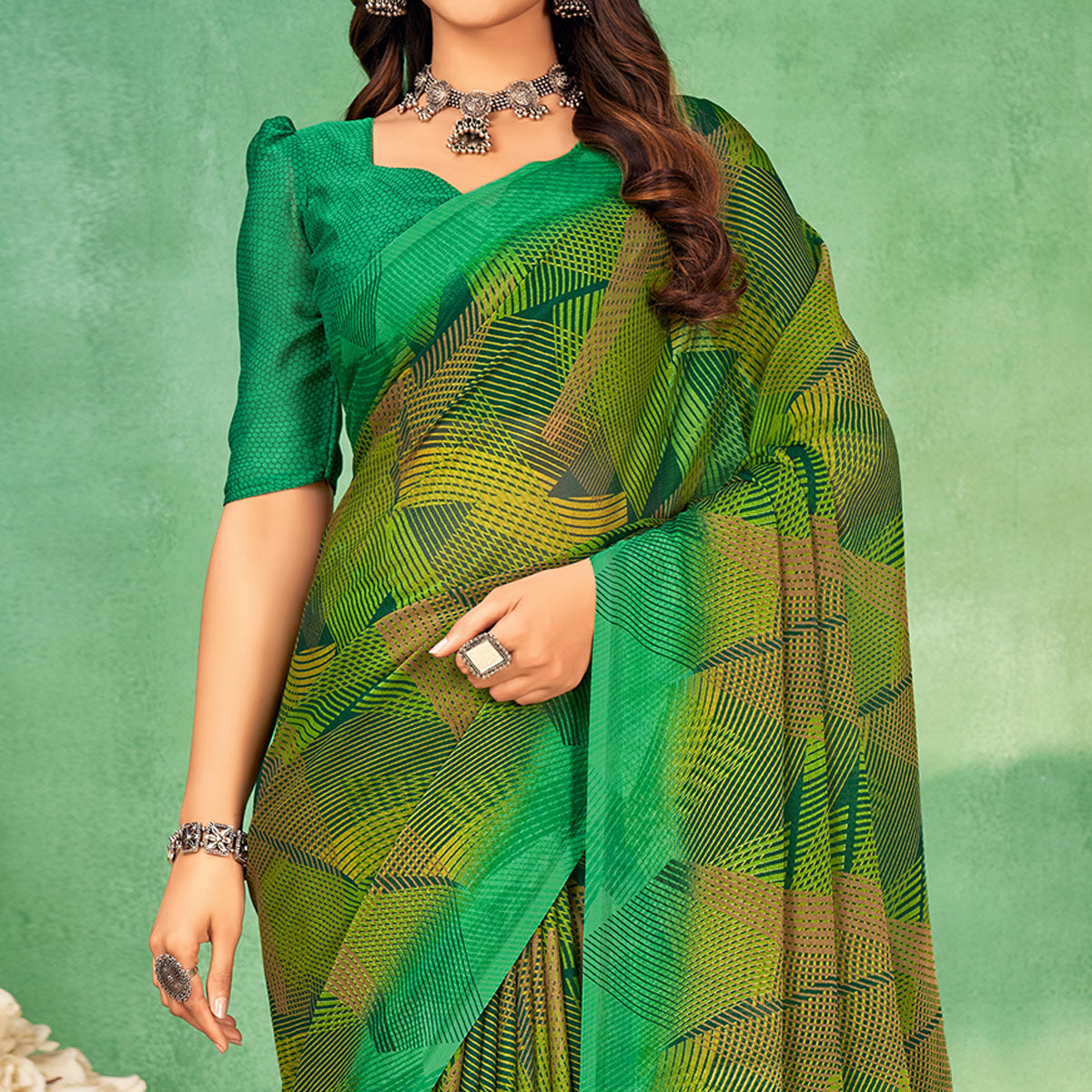 green-geometric-printed-chiffon-saree-1