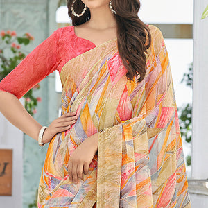 Chikoo Geometric Printed Chiffon Saree