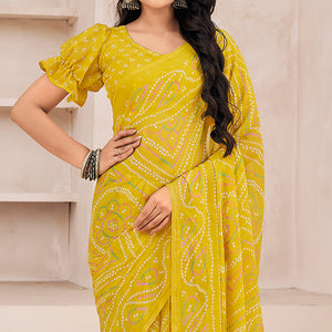 Lemon Yellow Bandhani Printed Chiffon Saree