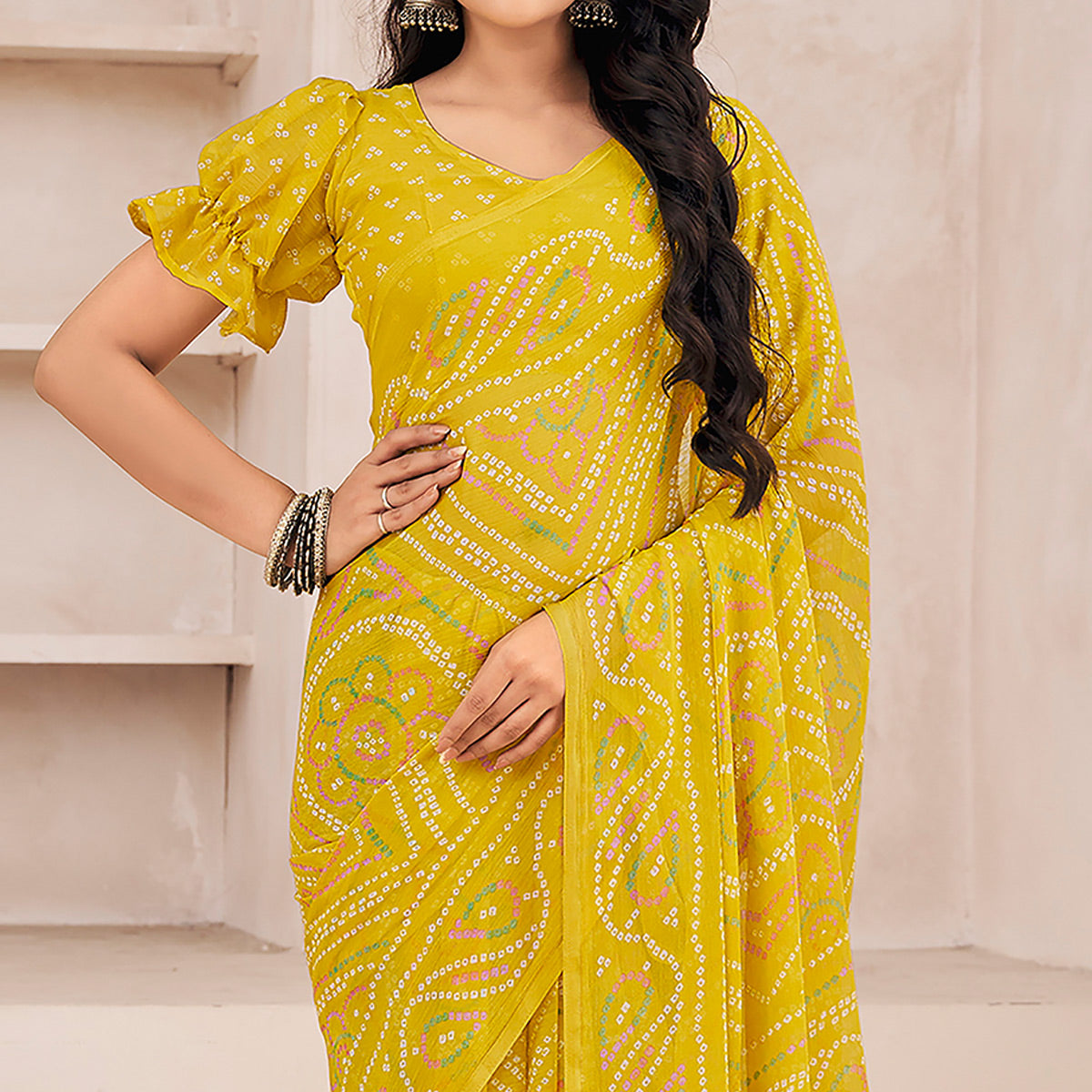 Lemon Yellow Bandhani Printed Chiffon Saree