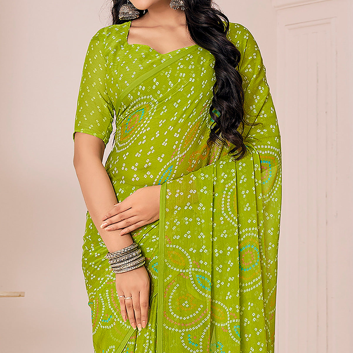 green-bandhani-printed-chiffon-saree-5