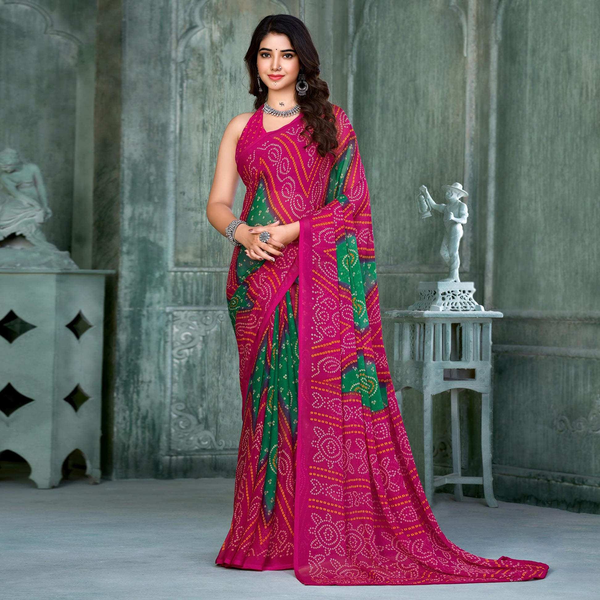 Magenta & Green Bandhani Printed Chiffon Saree