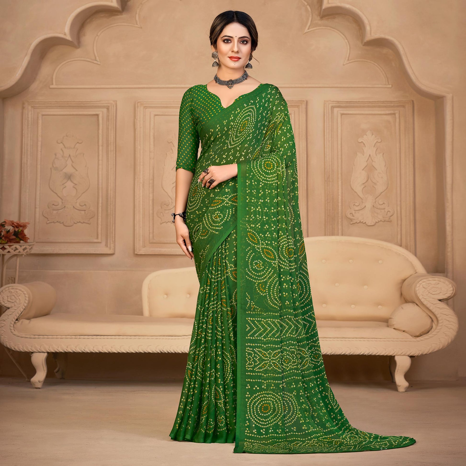 green-bandhani-printed-chiffon-saree-4